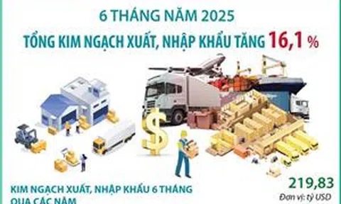 6 tháng năm 2025: Tổng kim ngạch xuất, nhập khẩu hàng hóa tăng 16,1%