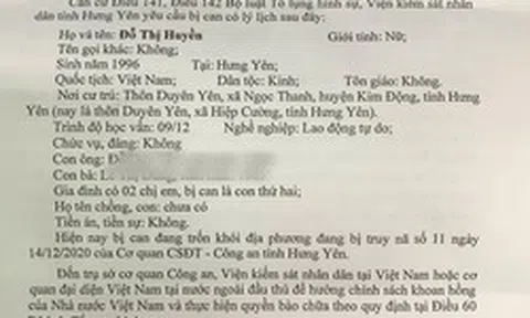 Truy tố, yêu cầu Đỗ Thị Huyền SN 1996 đến công an đầu thú