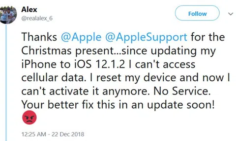 Nâng cấp iOS 12.1.2 iPhone mất sóng đúng lễ Giáng sinh