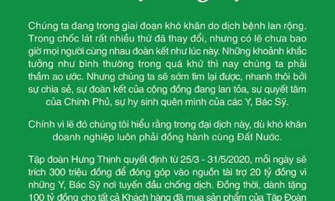 Tập đoàn Hưng Thịnh tài trợ 20 tỷ đồng cho y, bác sĩ chống dịch và tặng khách hàng 100 tỷ đồng