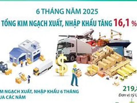 6 tháng năm 2025: Tổng kim ngạch xuất, nhập khẩu hàng hóa tăng 16,1%