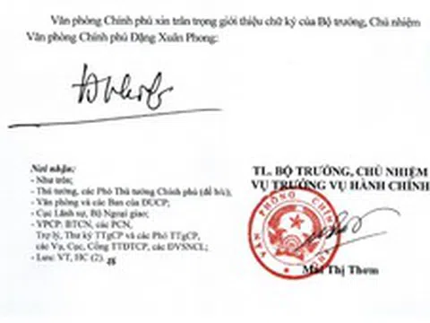 Giới thiệu chữ ký của Bộ trưởng, Chủ nhiệm và Phó Chủ nhiệm Văn phòng Chính phủ