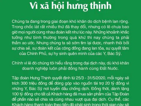 Tập đoàn Hưng Thịnh tài trợ 20 tỷ đồng cho y, bác sĩ chống dịch và tặng khách hàng 100 tỷ đồng